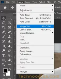 Screenshot of Adobe Photoshop's interface showcasing the Image menu dropdown with options like Image Size, Canvas Size, and Image Rotation. The "Image Size..." option is highlighted. The top menu bar features File, Edit, Image, and more for easy navigation.