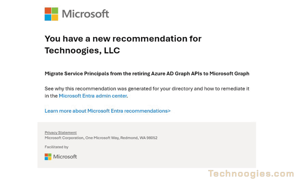 Screenshot of a Microsoft email recommending migrating service principals from Azure AD Graph APIs to Microsoft Graph. It includes links for more information and privacy statements, emphasizing the importance of transitioning with Microsoft Email Migrate guidance.