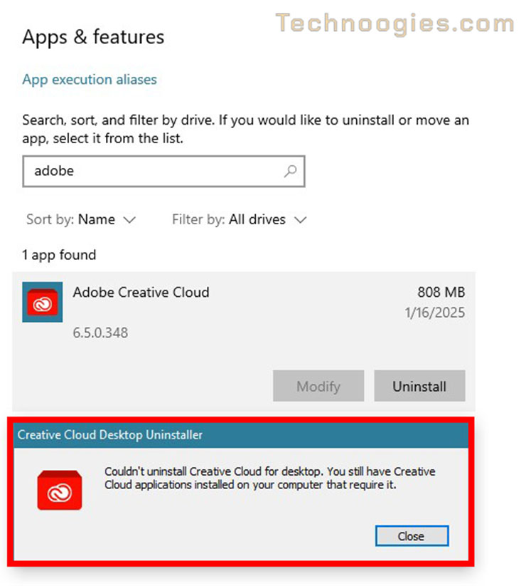 Screenshot of an app settings window showing Adobe Creative Cloud selected for uninstallation. A warning box below states: “Couldn't uninstall Creative Cloud for desktop. You still have Creative Cloud applications installed on your computer that require it.”.