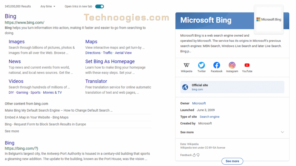 Example image of Bing search results