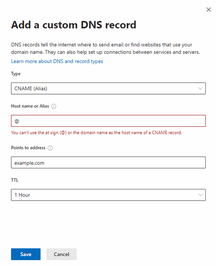You can't use the at sign (@) or the domain name as the host name of a CNAME record.